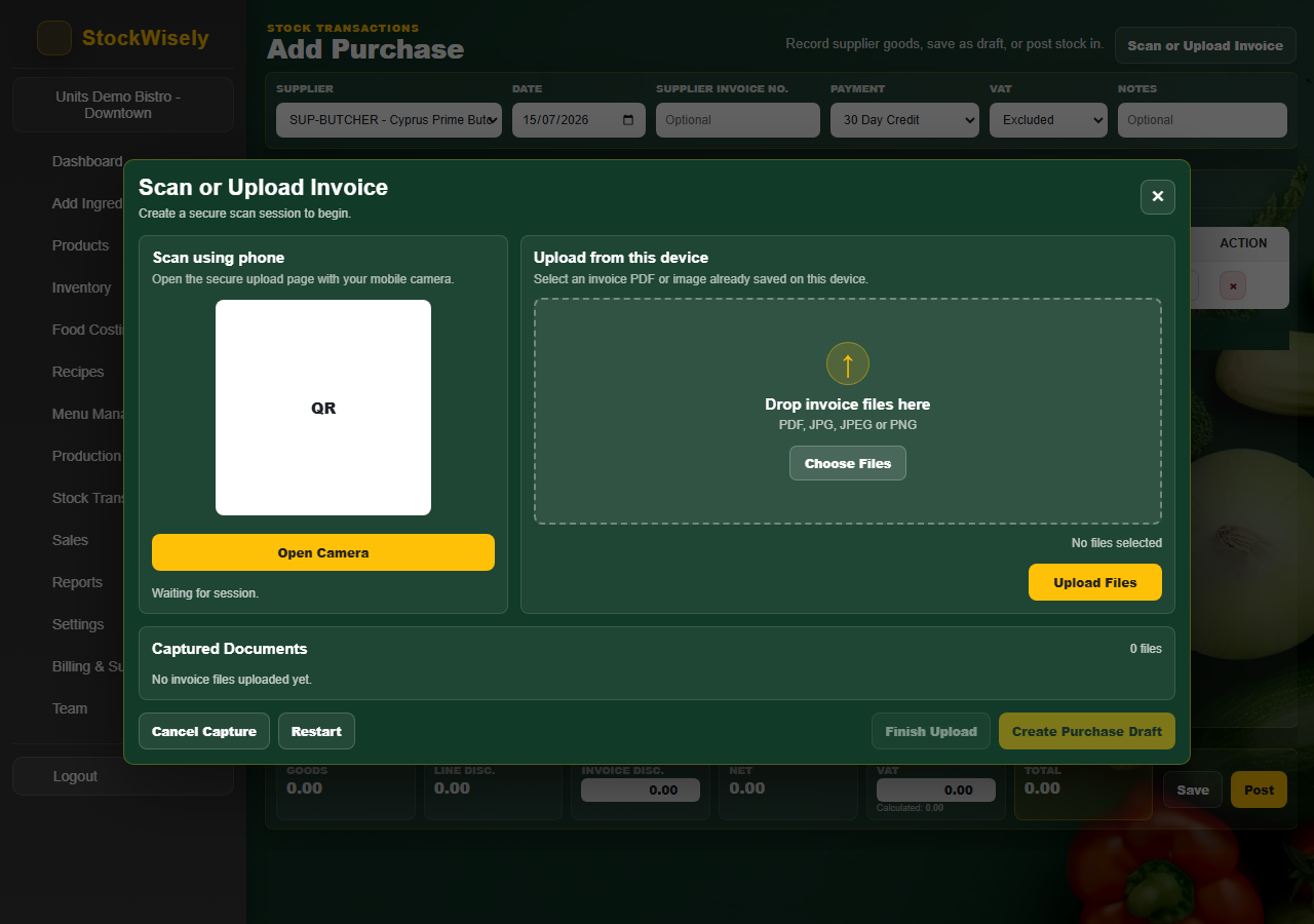 Purchases scanning — invoice scan and supplier invoice upload