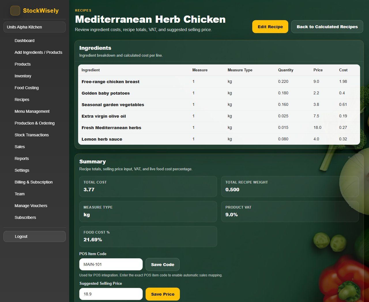Recipe costing dashboard — automatic plate cost and food cost percentage