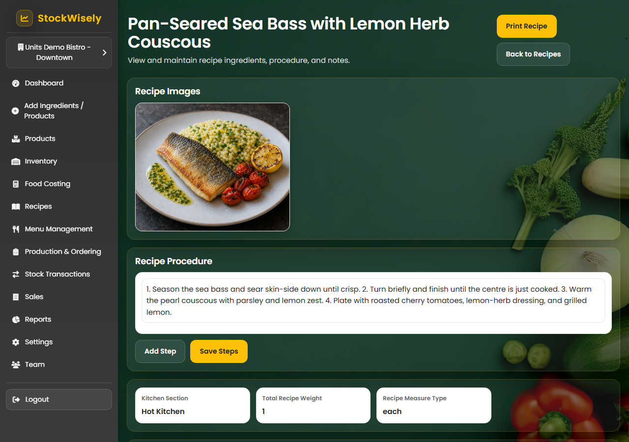 Recipe book — Pan-Seared Sea Bass recipe with dish image, ingredients and preparation instructions