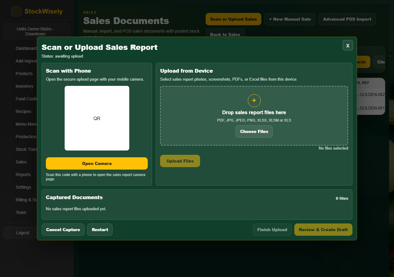 Sales scanning — POS sales upload and daily sales reconciliation