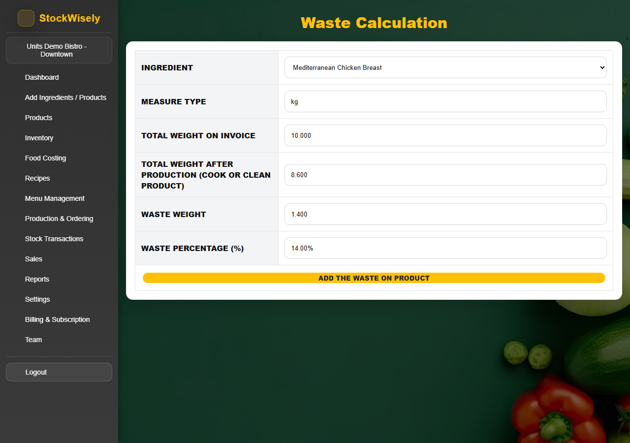 Waste calculation screen — preparation loss, usable yield and cost impact